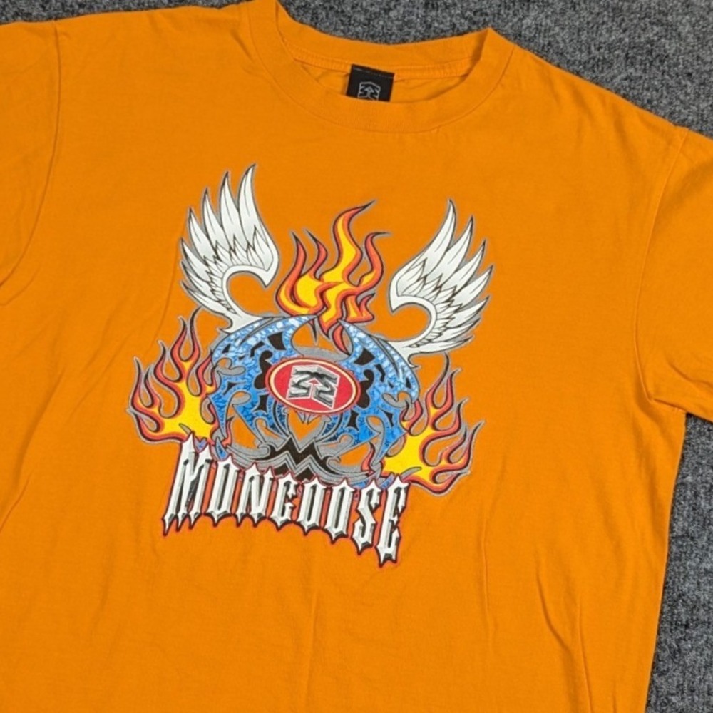 Mongoose Kids XL Orange Graphic T-Shirt Y2K BMX Flames Wings Logo Tee Skater